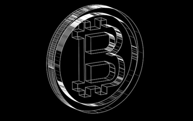 Linhas hachuradas transparentes em preto e branco do ícone bitcoin da moeda da moeda criptográfica contratada