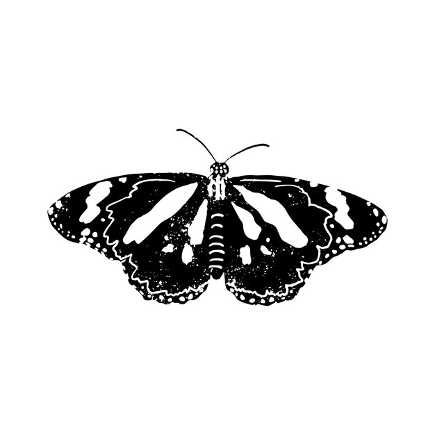 Lino cut borboleta silhueta feito à mão carimbo para impressão ilustração vetorial isolada em branco b