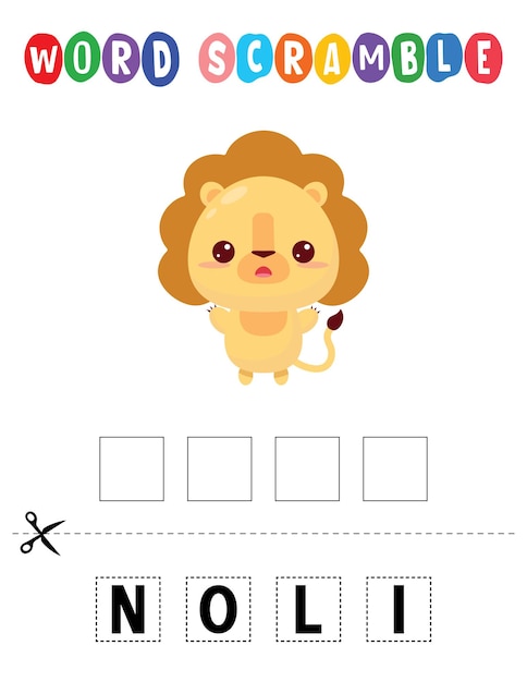 Lion word scramble jogo educacional para crianças planilha de