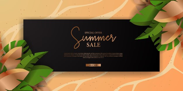 Liquidação de verão oferece banner luxo elegante com folhas verdes tropicais