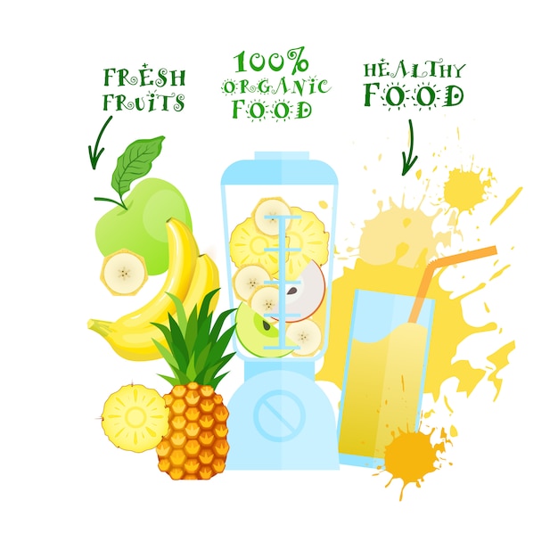 Liquidificador com logotipo de suco de frutas frescas Conceito de produtos orgânicos de alimentos saudáveis de logotipo