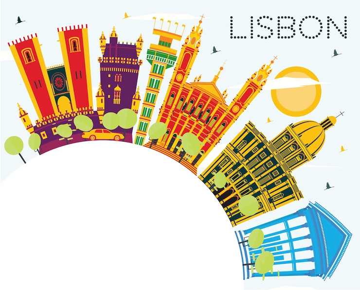 Vetor lisboa portugal city skyline com edifícios de cor, céu azul e espaço de cópia. ilustração vetorial. viagem de negócios e conceito de turismo com arquitetura histórica. vista da cidade de lisboa com pontos turísticos.