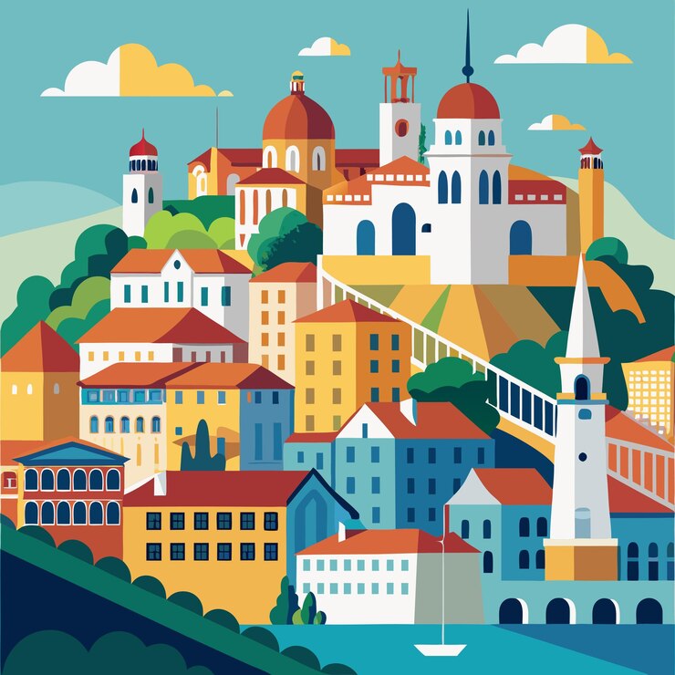 Vetor lisboa, portugal, paisagem urbana encantadora ilustração artística vetorial