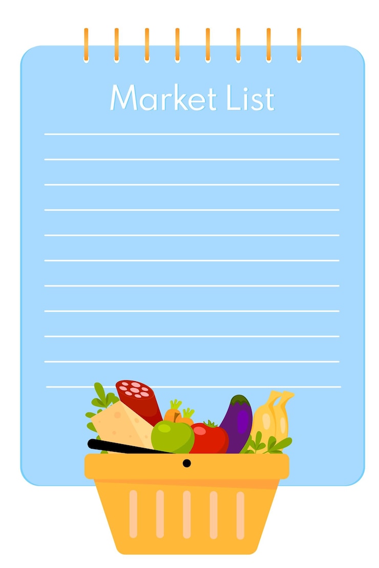 Vetor lista de compras lista de verificação de planejamento de alimentos para o mercado conceito de compra no supermercado