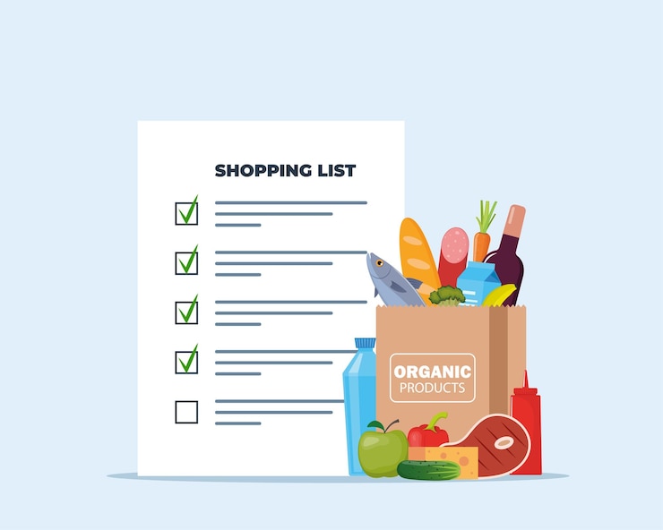 Vetor lista de compras para fazer compras na loja lista de compras com marcas saco de papel cheio de comida