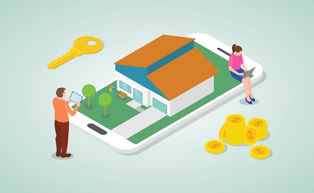 Lista de imóveis on-line móvel para comprar e pesquisar conceito com pessoas e estilo isométrico moderno