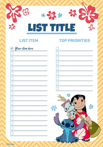 Lista de Lilo e Stitch desenhada à mão.