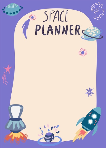 Lista de planejamento com planejador de espaço com estrelas e planetas de naves espaciais Modelo para cartões de cadernos de agenda de agenda Ilustração vetorial dos desenhos animados
