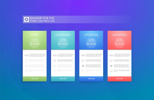 Lista de preços para hospedagem, banner para as tarifas e listas de preços. elementos da web.