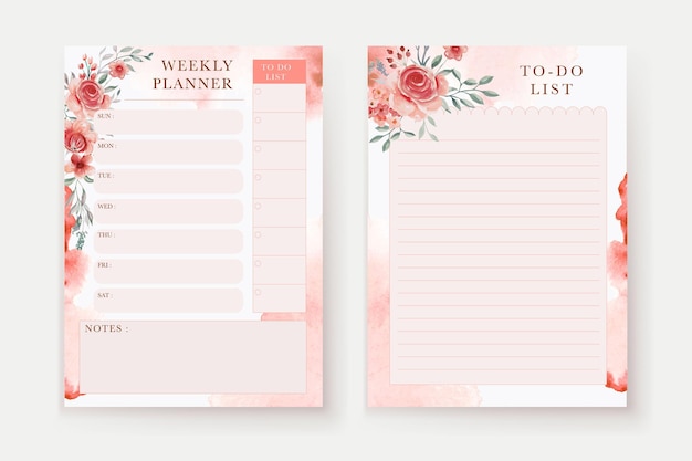 Lista de tarefas e planejador semanal com fundo de flor vermelha rosa