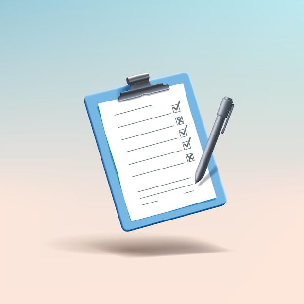 Lista de verificação azul 3D na aplicação de clipboard com marcas de verificação e caneta Render todo ou compras médicas
