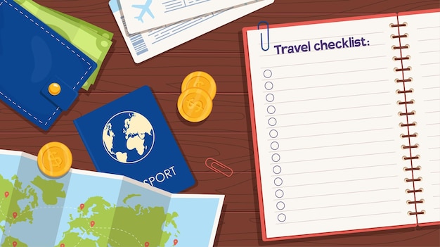 Lista de verificação de viagens vista superior turismo e voos e viagens internacionais passaporte estrangeiro e mapa perto