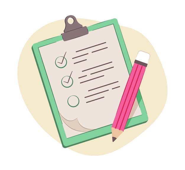 Lista de verificação Papel no clipboard com lápis em design plano para lista de verificação Conceito Ilustração Clip Art