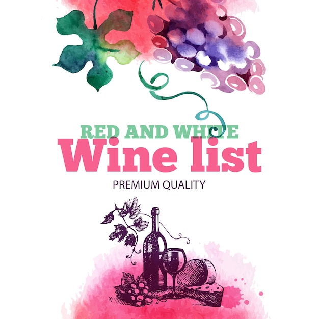 Lista de vinhos. esboço desenhado de mão e ilustração em aquarela. design do menu