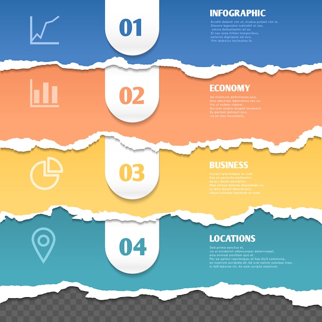 Listras coloridas de papel rasgado, modelo de infográfico de vetor com texto e ícones