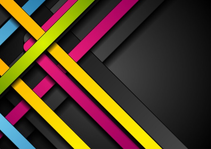 Listras de tecnologia abstratas coloridas em fundo preto vetor design de modelo corporativo