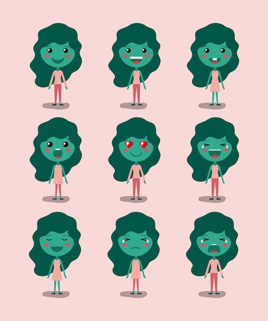 Vetor little green girls emoticon definir personagens de kawaii