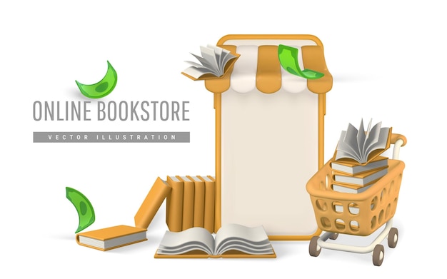 Vetor livraria on-line 3d smartphone livros ilustração vetorial moderna
