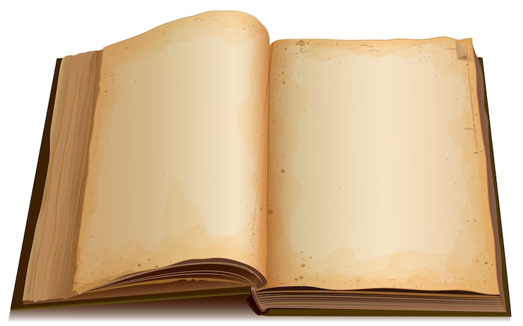 Vetor livro aberto com folhas velhas e amareladas em branco, páginas isoladas em um modelo branco.