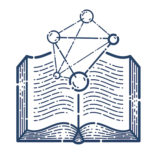 Livro aberto com ícone linear de vetor de molécula, biblioteca de educação e literatura científica lendo símbolo de arte de linha ou logotipo, química ou física.