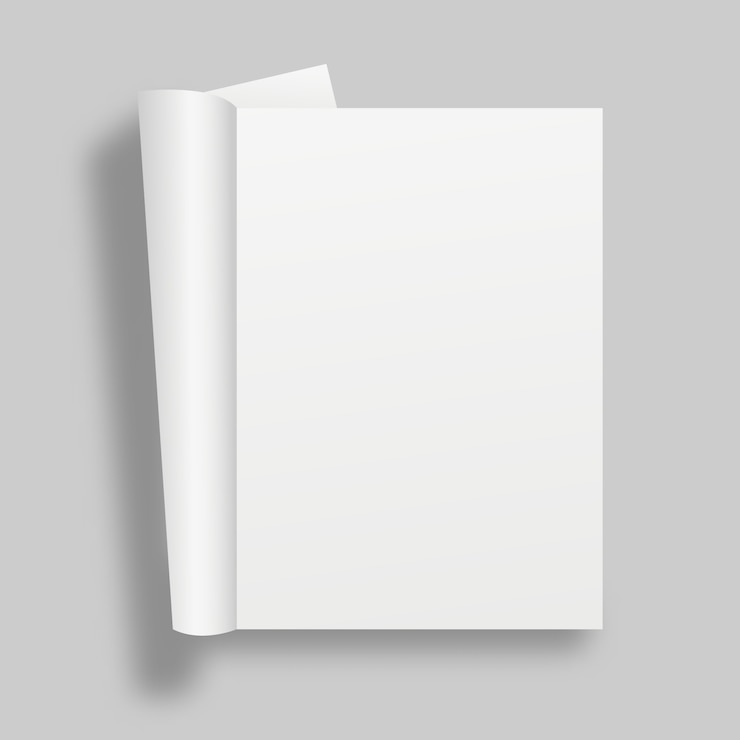 Vetor livro aberto em branco, revista com sombra suave.