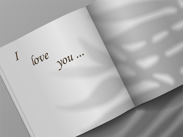Livro aberto Modelo de brochura realista com efeito de sobreposição de sombra de planta Caderno em branco 3D e folhas de sombras Vista superior de folhas de papel com letras Desenho de páginas de bloco de notas vector