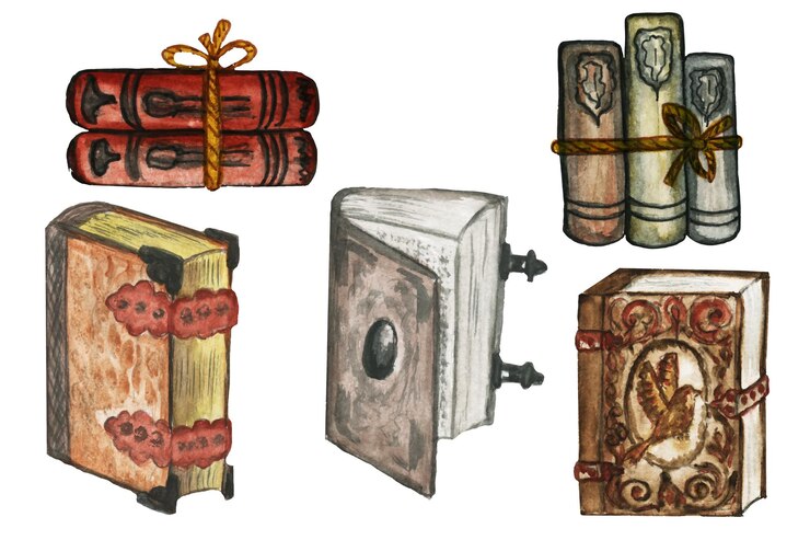 Vetor livro de clipart em aquarela ilustrações de livros em uma capa vintage