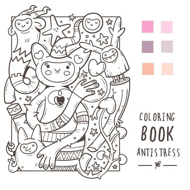 Vetor livro de colorir anti-stress com criaturas engraçadas e fofas doodle print com monstro e trolls cartaz de arte de linha