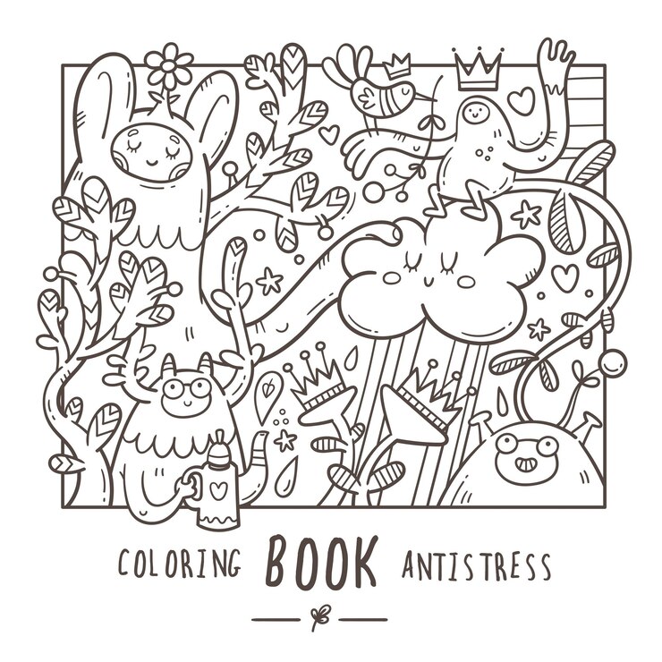 Livro de colorir anti-stress com monstros e plantas engraçados e fofos Doodle print com animais alegres e flores Cartaz de arte de linha