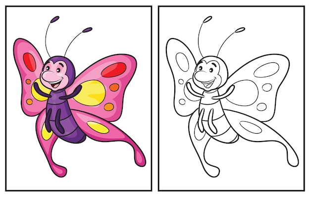 Livro de colorir borboleta fofa página para colorir e personagem de clipart colorido desenho vetorial