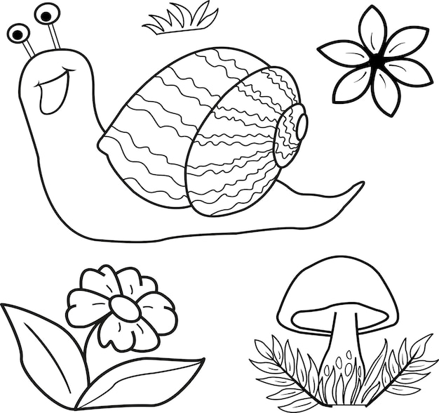 Livro de colorir. caracol, cogumelo, flores e grama do vetor dos desenhos animados. ilustração de caracol bonito.