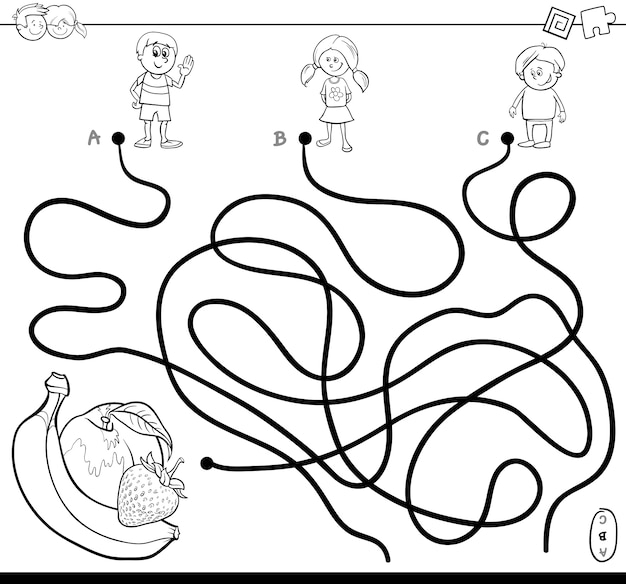 Livro de colorir com labirinto com crianças e frutas