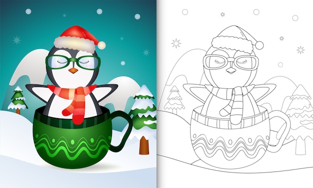 Livro de colorir com personagens de natal de um pinguim fofinho