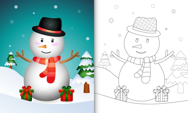 Livro de colorir com um boneco de neve fofinho, personagens de natal com chapéu e lenço