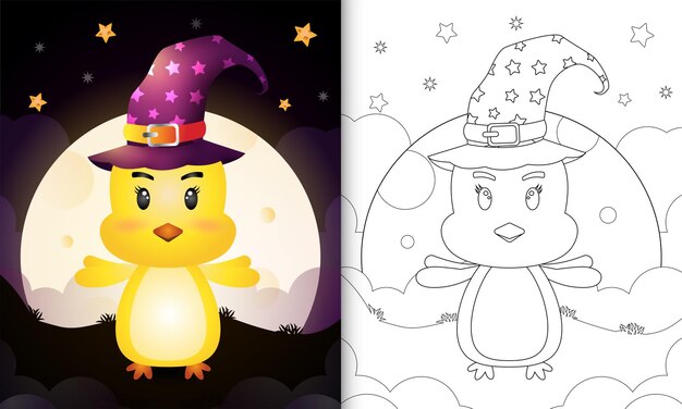 Livro de colorir com um desenho bonito de bruxa de halloween em frente à lua