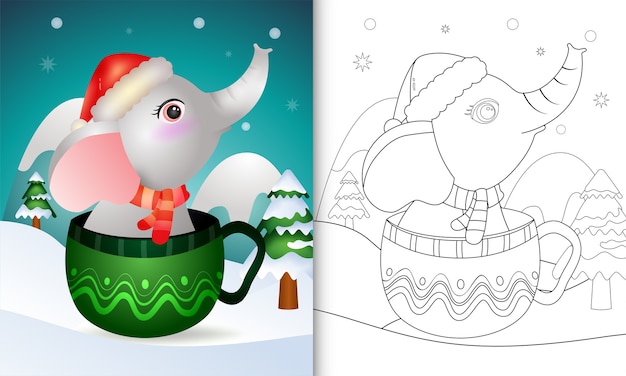 Livro de colorir com um elefante fofo personagens de natal com um chapéu de papai noel e um lenço na xícara