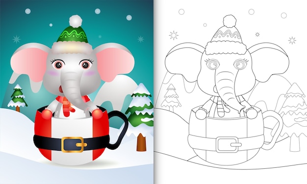 Livro de colorir com um elefante fofo personagens de natal com um chapéu e um lenço no copo do papai noel