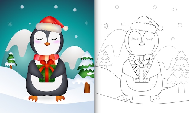 Livro de colorir com um pinguim fofo, personagens de natal com chapéu de papai noel e lenço segurando uma caixa de presente