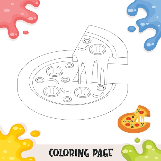 Livro de colorir de alimentos para crianças com ilustração de pizza