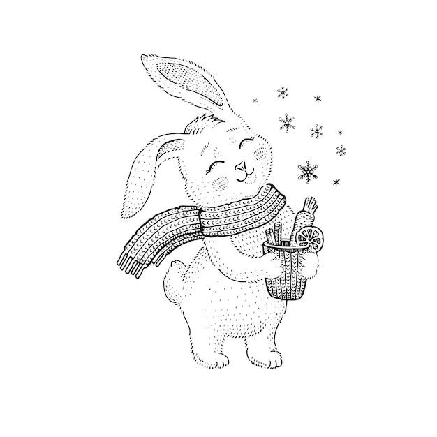 Livro de colorir de coelho de natal de inverno coelho com vetor de bebida quente ilustração de desenho animado bonito animal de neve para criança impressão de lebre de menina design gráfico de moda de bebê de inverno linha desenho de coelho de natal