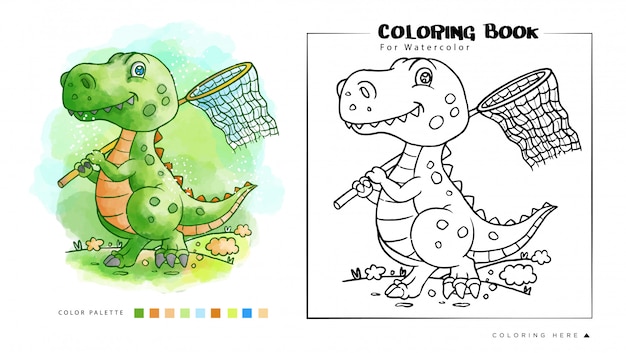 Livro de colorir de dinossauros fofos brincando na ilustração aquarela jardim