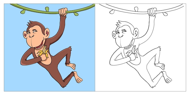 Livro de colorir de macacos para crianças estilo desenho animado 2d
