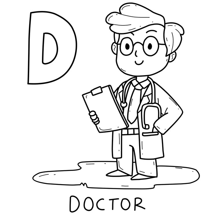 Vetor livro de colorir de médico de ocupação de alfabeto com palavra