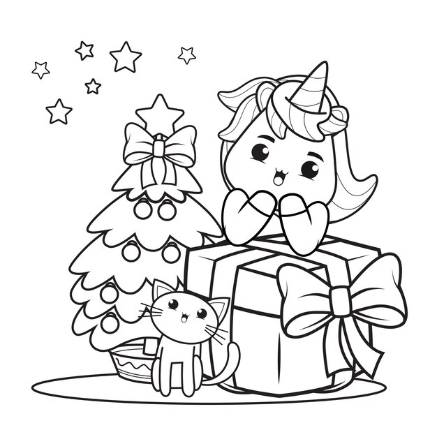 Desenho Da Página De Colorir Da Menina Com Presentes Na Árvore De Natal.  Natal. Ano Novo. Livro De Colorir Para Crianças Royalty Free SVG, Cliparts,  Vetores, e Ilustrações Stock. Image 99451269