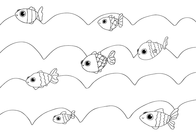 Vetor livro de colorir de peixe bonito dos desenhos animados. mar, ondas, fundo isolado da natureza.