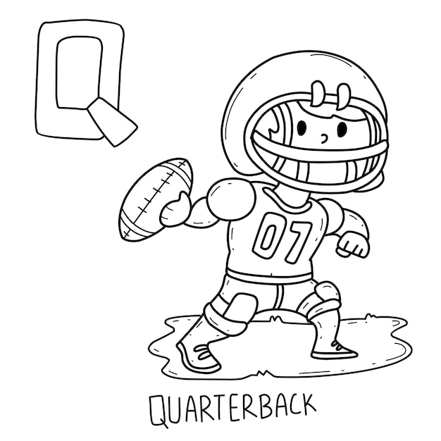 Livro de colorir de quarterback de ocupação de alfabeto com palavra