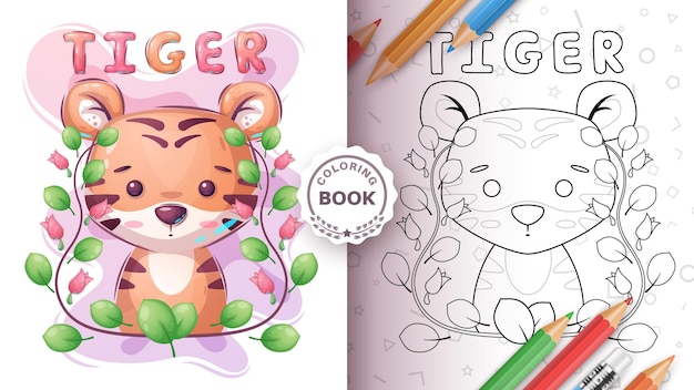 Livro de colorir de tigre animal adorável de personagem de desenho animado