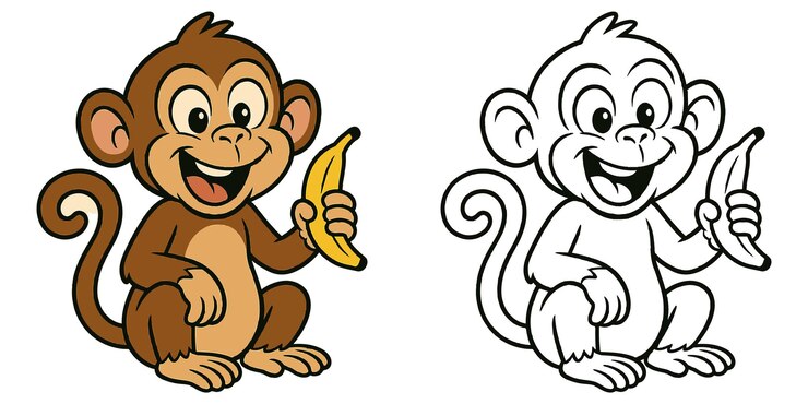 Vetor livro de colorir de uma caricatura de um macaco bonito segurando uma banana com uma expressão engraçada illustratio