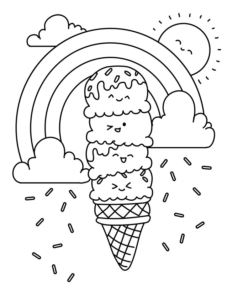 Livro de colorir design de sorvete bonito com arco-íris