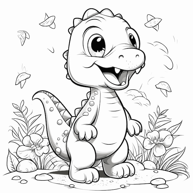 Dinossauro colorido fofo para livros infantis jogo de desenhos animados  para crianças vetor plano preto e branco